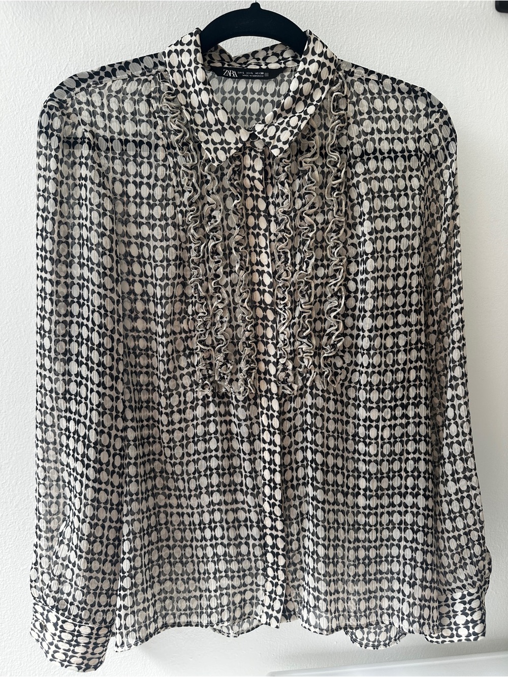 ZARA  Black & White Ruffle Front Geometric Blouse